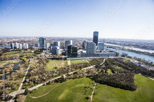 Aerial view of danube river, donauinsel island and vienna international center