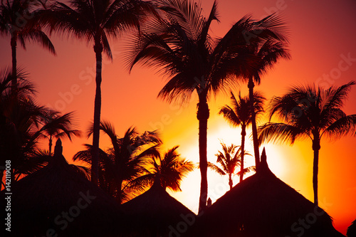 Tropical sunset with silhouetted palapa grass hut and palm trees