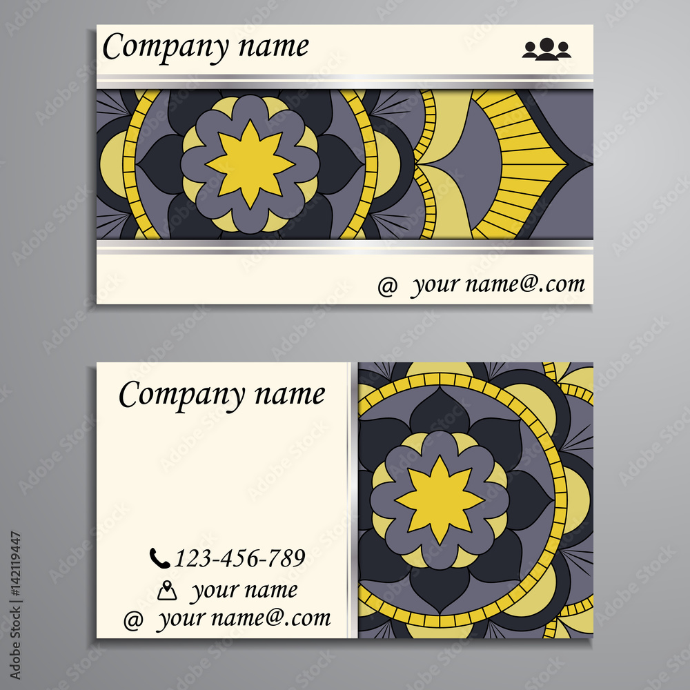 Visiting card and business card set with mandala design element logo. Abstract oriental Layout. Front page and back page