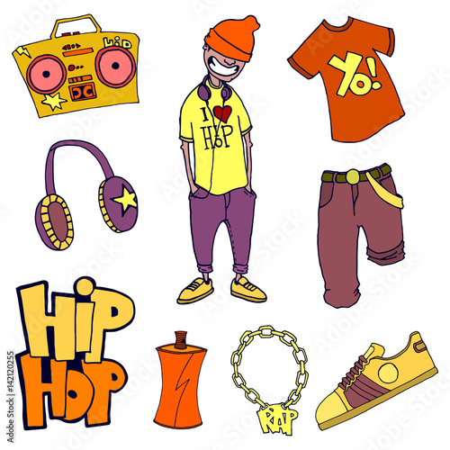 The concept of hip-hop. Colored vector set of isolated items. Printed publications, posters, videos, mobile applications, web sites and print projects.