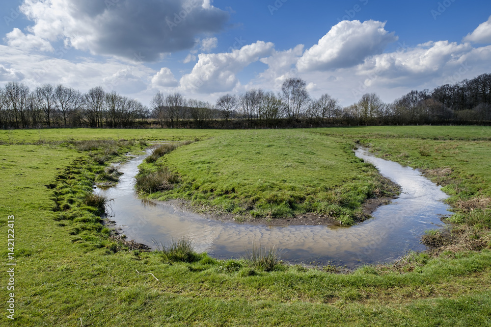 small stream winds its way through a meadow