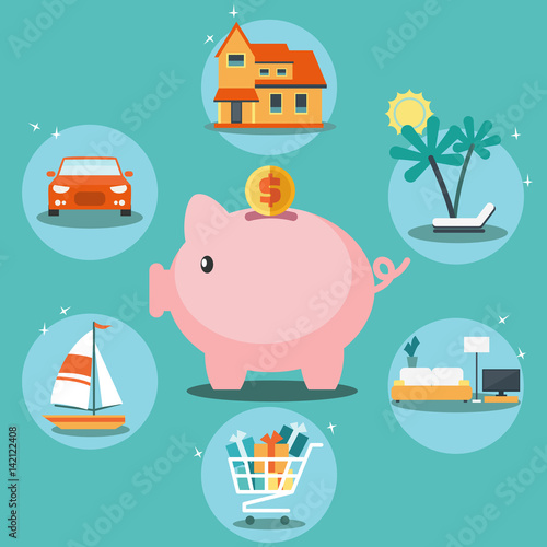 Piggy bank and 6 icons: house, car, yacht, shopping cart, furniture and holiday. Saving and investing money and financial planning vector concept