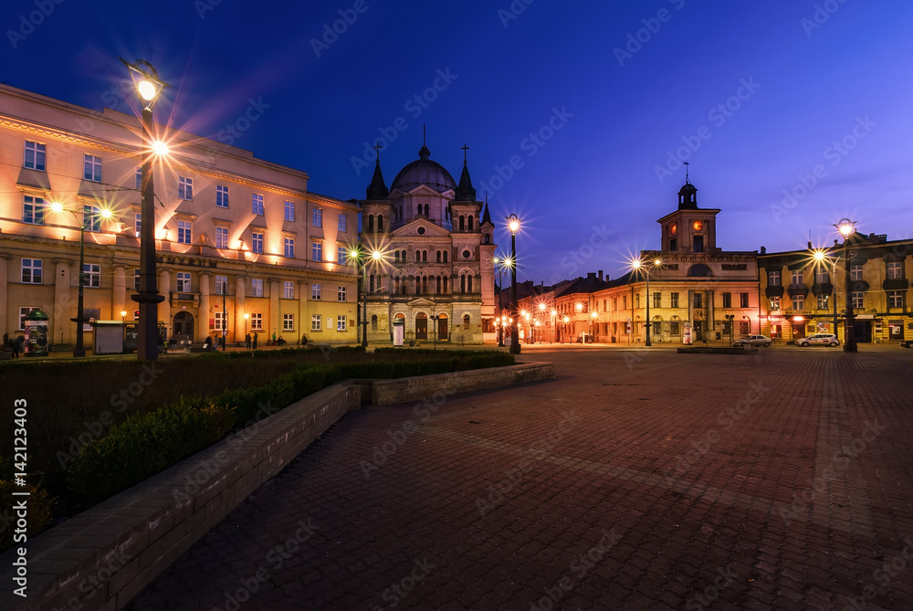 Freedom Square in Lodz, Poland after sunset.