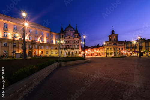 Freedom Square in Lodz, Poland after sunset.