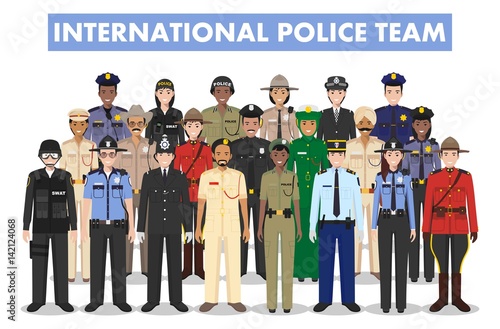 International police people concept. Detailed illustration of SWAT officer, policeman, policewoman and sheriff in flat style on white background. Vector illustration.