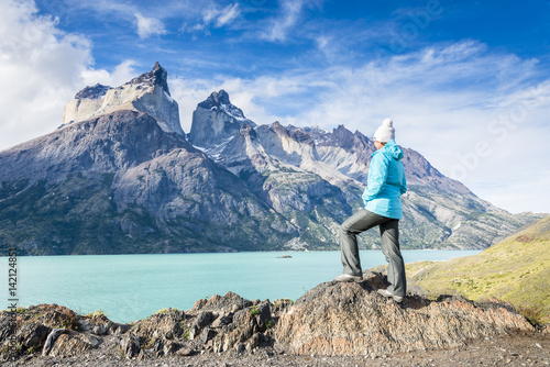 Tourist watching on the Los Cuernos in Torres del Paine National Park, Patagonia, Chile
