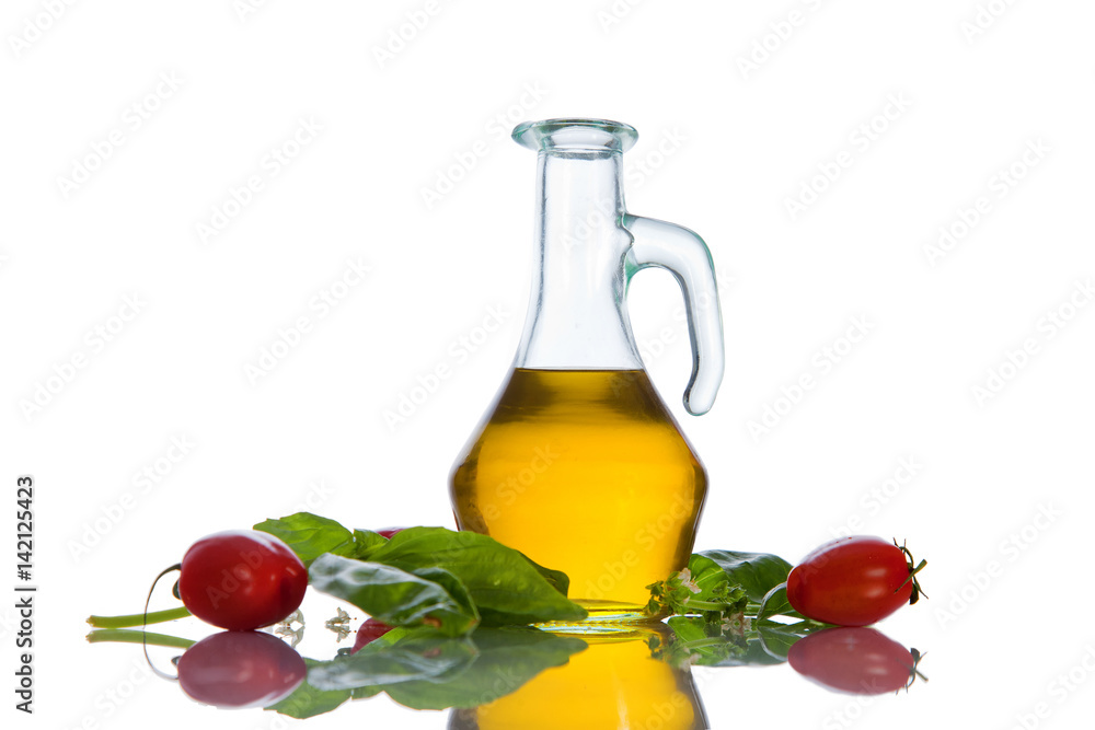 Bottle with olive oil over the white background. Concept of healthy organic food Bottle with olive oil over the white background. Concept of healthy organic food