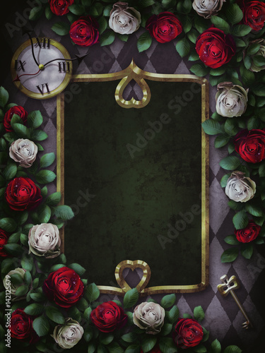 Alice in Wonderland. Red roses and white roses on chess background. Clock and key. Wonderland background. Rose flower frame, rectangular frame.Illustration