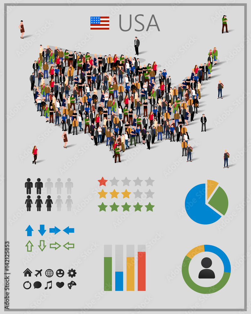 Large group of people in United States of America or USA map with ...