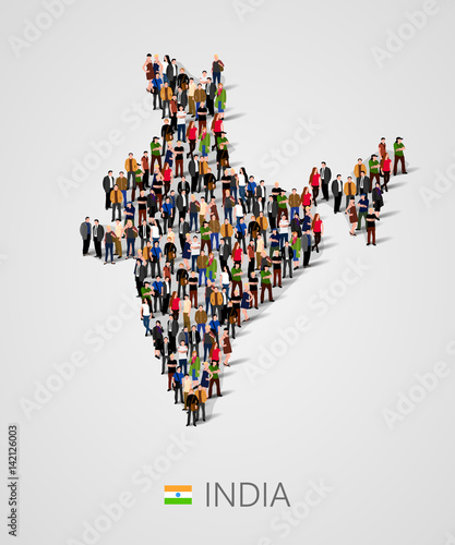 Large group of people in India map form. Population of India or demographics template. Background for presentation.