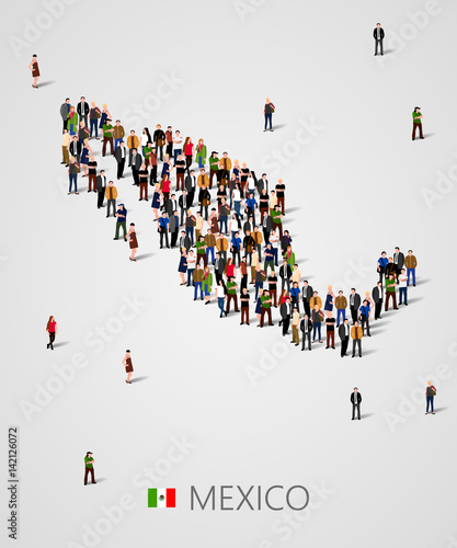 Large group of people in form of Mexico map. Background for presentation.