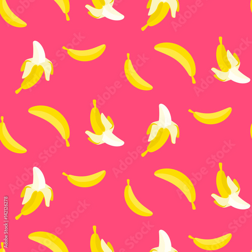Bananas on pink seamless vector pattern. Juicy summer fruit background.