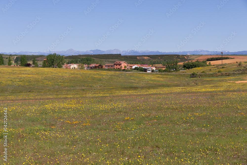 Vista general de Localidad de Quintana del Monte en la provincia de Leon, en España. Paisaje con pueblo y cadena de montañas al fondo