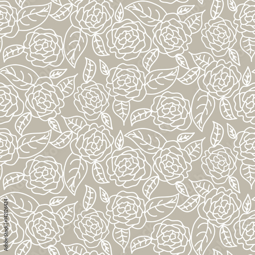 Drawn line rose wedding seamless vector pattern. Floral feminine gray and white background.