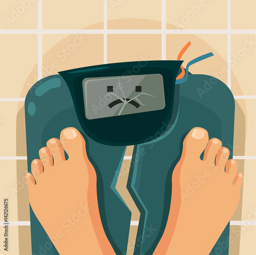 Overweight people. Broken scales. Vector flat cartoon illustration