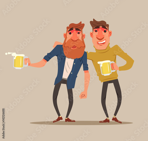 Two drunk friends men characters have fun. Vector flat cartoon illustration