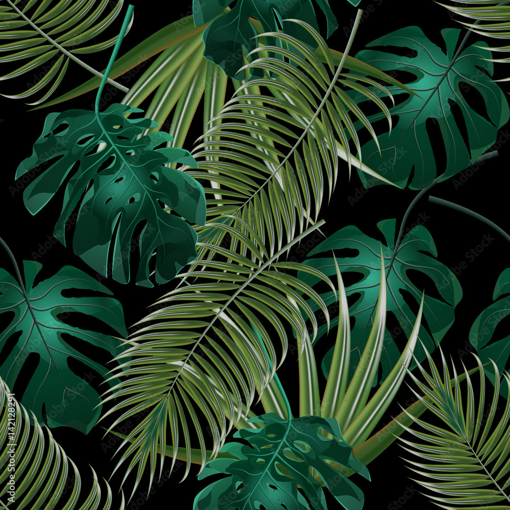 Jungle thickets of tropical palm leaves. Seamless floral pattern. Isolated on a black background. illustration