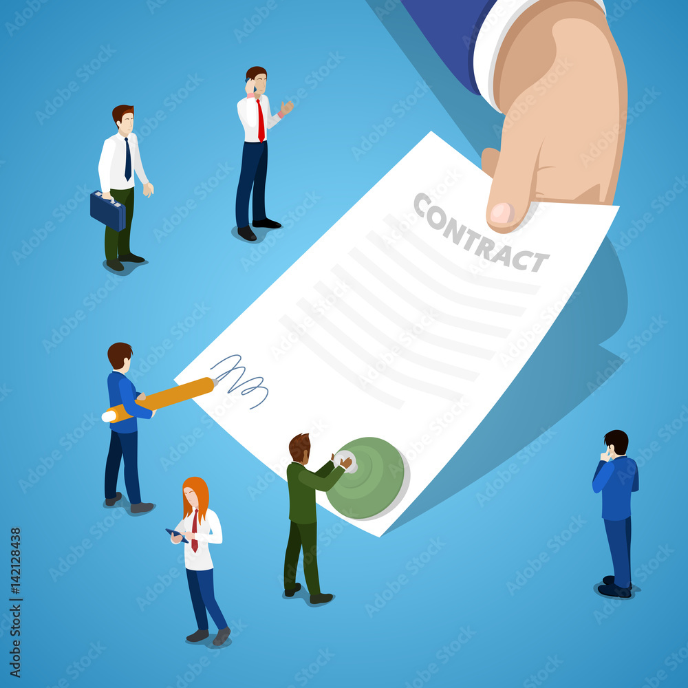 Miniature Business People Signing Contract. Partnership Agreement. Vector flat 3d isometric illustration Miniature Business People Signing Contract. Partnership Agreement. Vector flat 3d isometric illustration