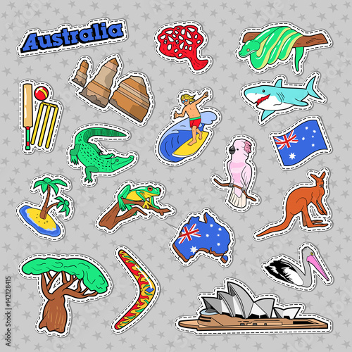 Australia Travel Elements with Architecture and Animals. Vector Doodle
