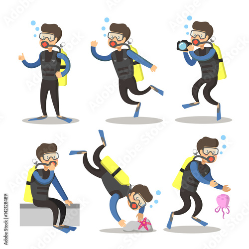 Scuba Diver Cartoon Set. Snorkeling Diving. Vector illustration