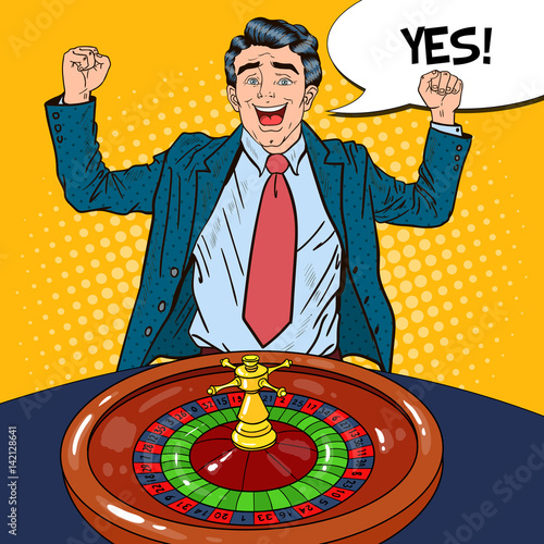 Happy Man Behind Roulette Table Celebrating Big Win. Casino Gambling. Pop Art Vector retro illustration