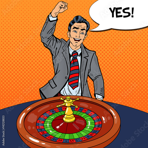 Happy Man Behind Roulette Table Celebrating Big Win. Casino Gambling. Pop Art Vector retro illustration