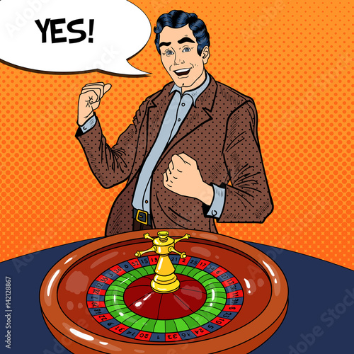 Happy Man Behind Roulette Table Celebrating Big Win. Casino Gambling. Pop Art Vector retro illustration