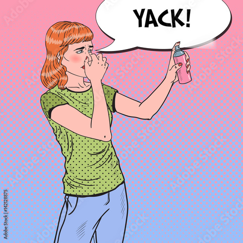 Pop Art Young Woman Spraying Can of Air Freshener. Vector illustration