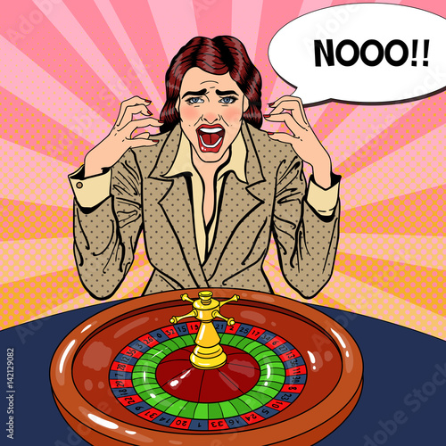 Screaming Woman Behind Roulette Table. Casino Gambling. Pop Art Vector retro illustration