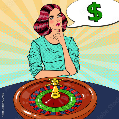 Beautiful Woman Behind Roulette Table Dreaming about Big Win. Casino Gambling. Pop Art Vector retro illustration