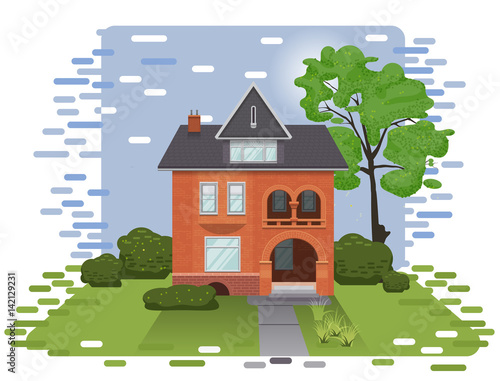 Vector illustration of cute colorful house. Flat building illustration with lawn and tree.