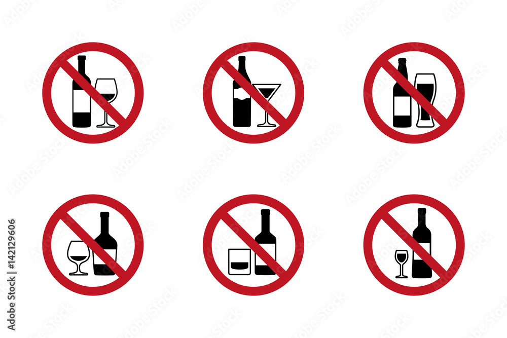 No alcohol Signs set with various drinks No alcohol Signs set with various drinks