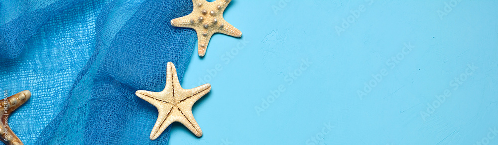 Marine blue background with seashells and starfish in fishing nets with place for your text, border design panoramic banner Marine blue background with seashells and starfish in fishing nets with place for your text, border design panoramic banner