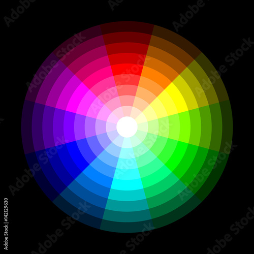 RGB color wheel from dark to light, on black background. Vector