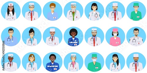 Medical concept. Different doctors, nurses characters avatars icons set in flat style isolated on blue background. Differences medical persons smiling faces. Vector illustration.