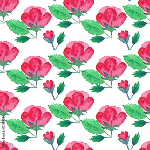 Seamless watercolor botanical pattern with flowers and leaves