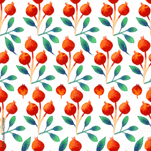 Seamless watercolor botanical pattern with orange berries and leaves