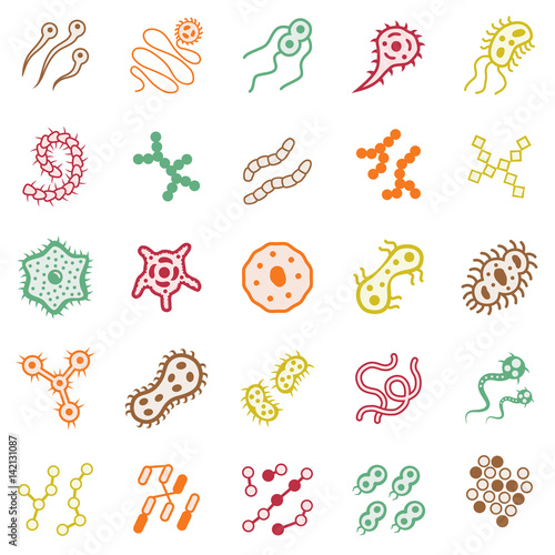 Set of bacteria virus and germ icons. Icons of harmful bacteria, fungus, microbe and other vermin. Vector illustration.