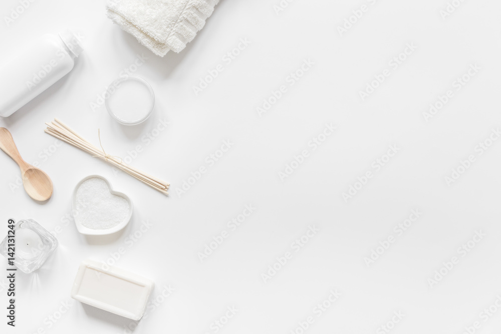 white set of cosmetics for spa on table background top view mockup white set of cosmetics for spa on table background top view mockup