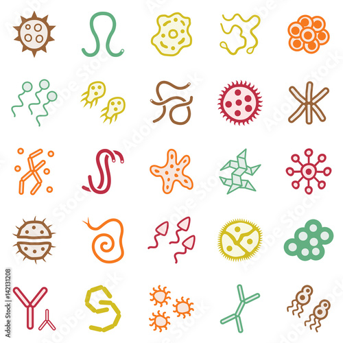 Set of bacteria virus and germ icons. Icons of harmful bacteria, fungus, microbe and other vermin. Vector illustration.