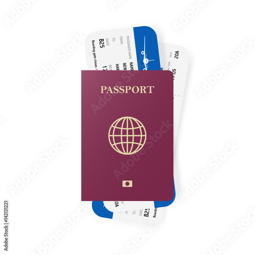 Red passport and boarding pass tickets. Realistic design. Vector illustration.