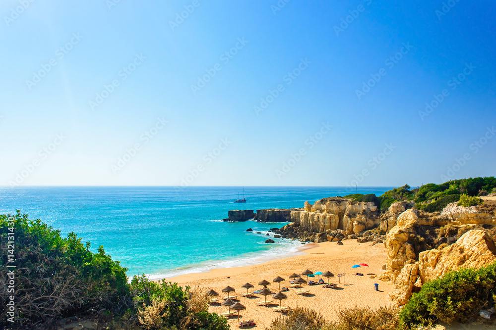 beautiful sea view of sandy beach Pria do Castelo in Algarve