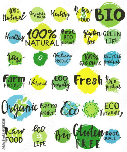 Set of watercolor green logo. Leaves, badges, branches wreath, plants elements. Hand drawn painting. Sign label,textured emblem set. Organic design template.