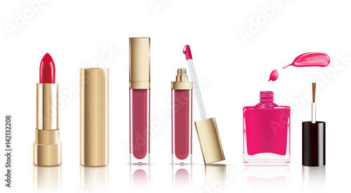 Beautiful cosmetic set in gold. lipstick, lip gloss and nail polish with smear. Makeup realistic cosmetic vector isolated on white.