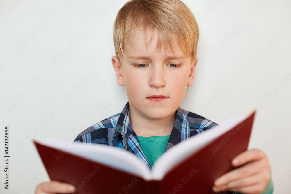 Beautiful little pupil with blond hair looking seriously into the book having concentrated expression while getting ready with homework. Education, childhood, people, homework and school concept. Beautiful little pupil with blond hair looking seriously into the book having concentrated expression while getting ready with homework. Education, childhood, people, homework and school concept.