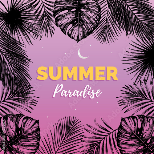 Vector vintage summer paradise illustration. Exotic palm leaves background. Hand sketched jungle foliage poster.