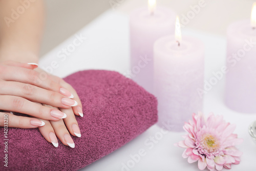 Manicure and Hands Spa. Beautiful Woman Hands Closeup