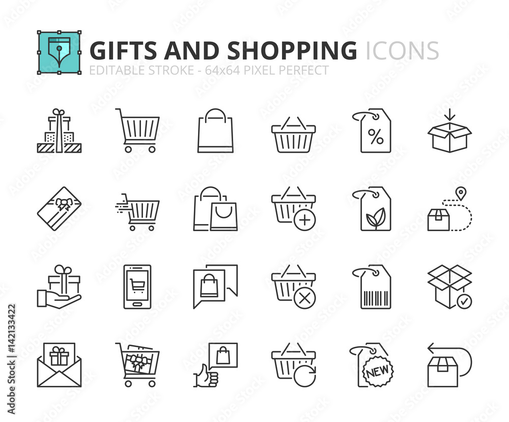 Outline icons about gifts and shopping