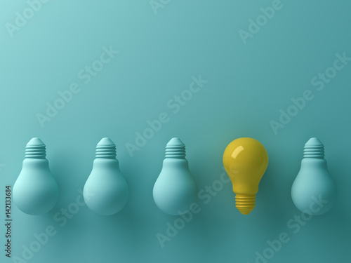 Think different concept , One yellow light bulb standing out from the unlit green incandescent lightbulbs with reflection and shadow , leadership and different creative idea concept. 3D rendering.