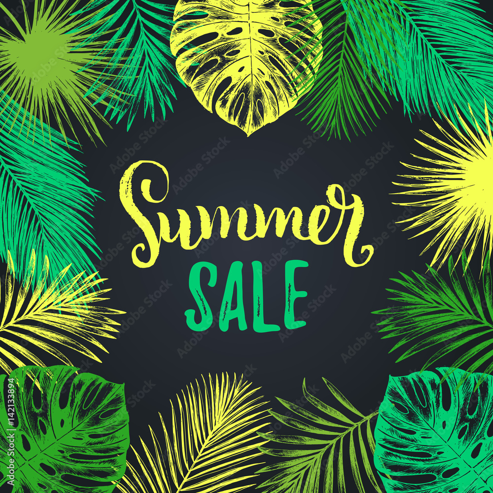 Summer sale vector background. Discount card with tropic plants illustration.Special offer flyer in jungle foliage frame